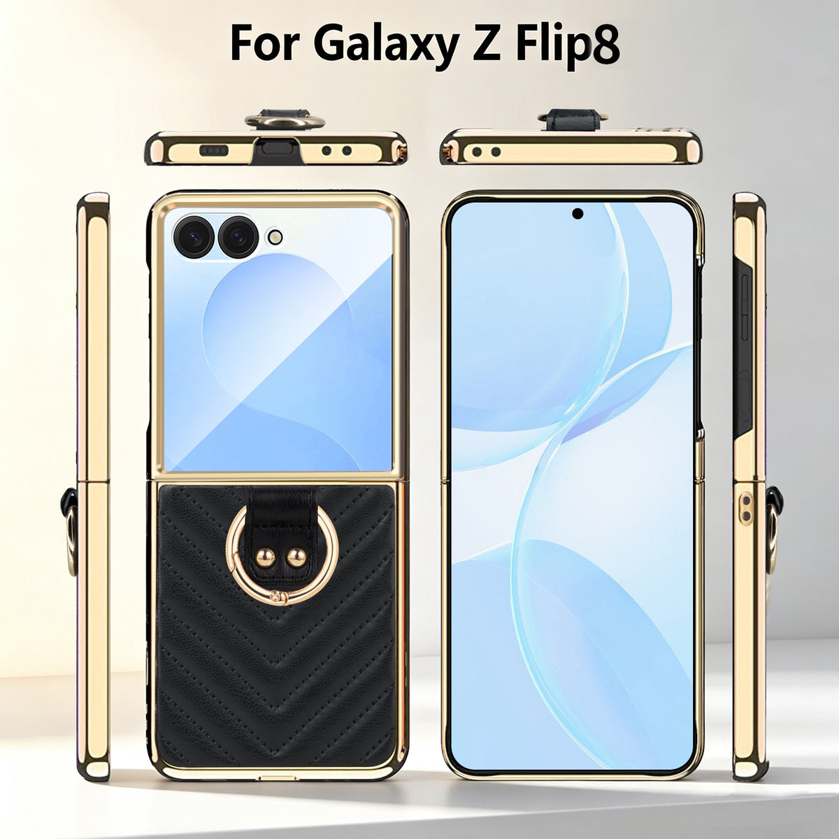 Front, back, and side profile diagram of black electroplated leather ring case for Samsung Galaxy Z Flip