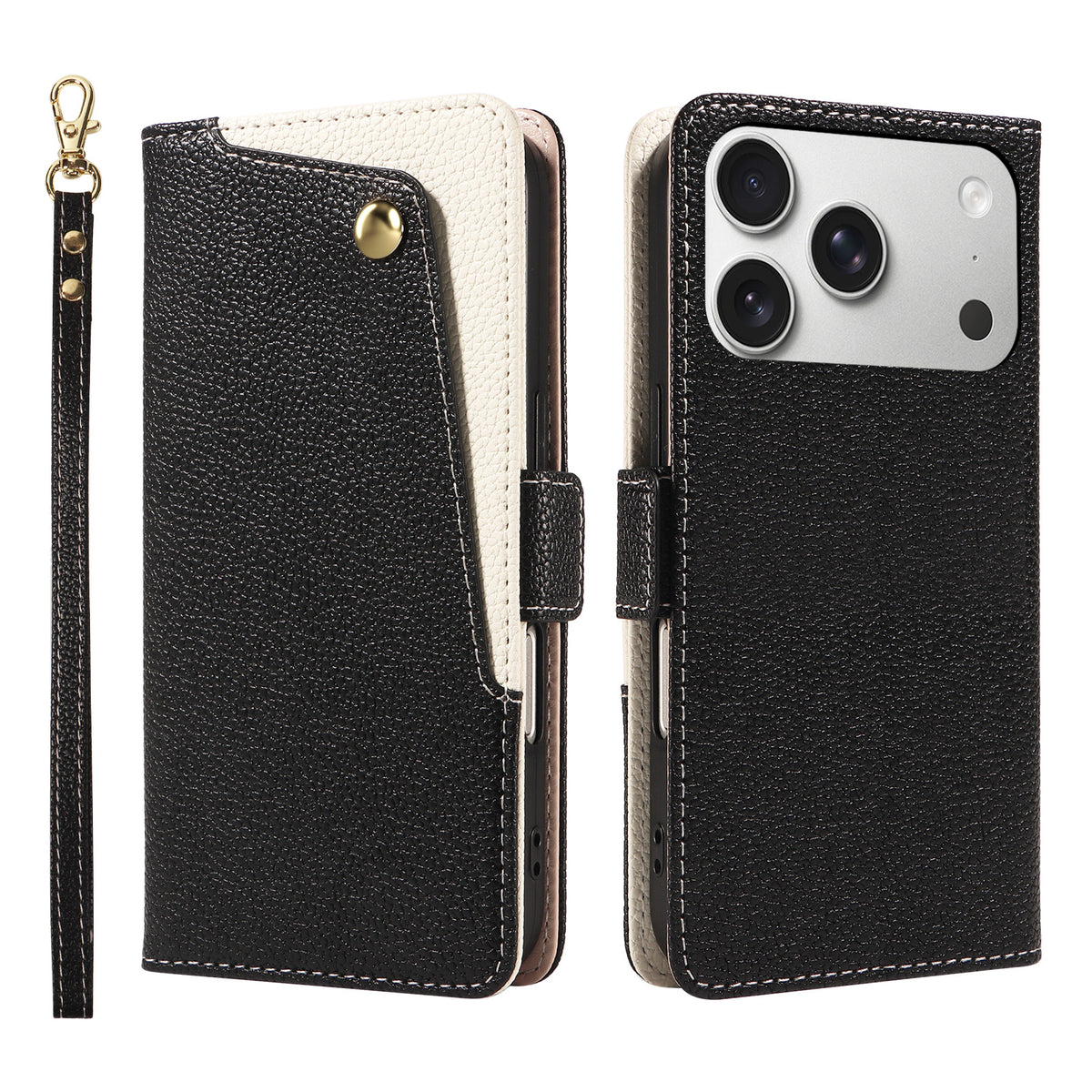 Front and back view of a closed black dual-tone pebbled leather wallet case for iPhone, showing the front diagonal cream contrast snap card pocket with gold button detail, back camera lens cutout.