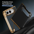 Front and back view of the dark blue Kevlar case for iPhone DUO highlighting inside-out protection with scratch-free interior lining.