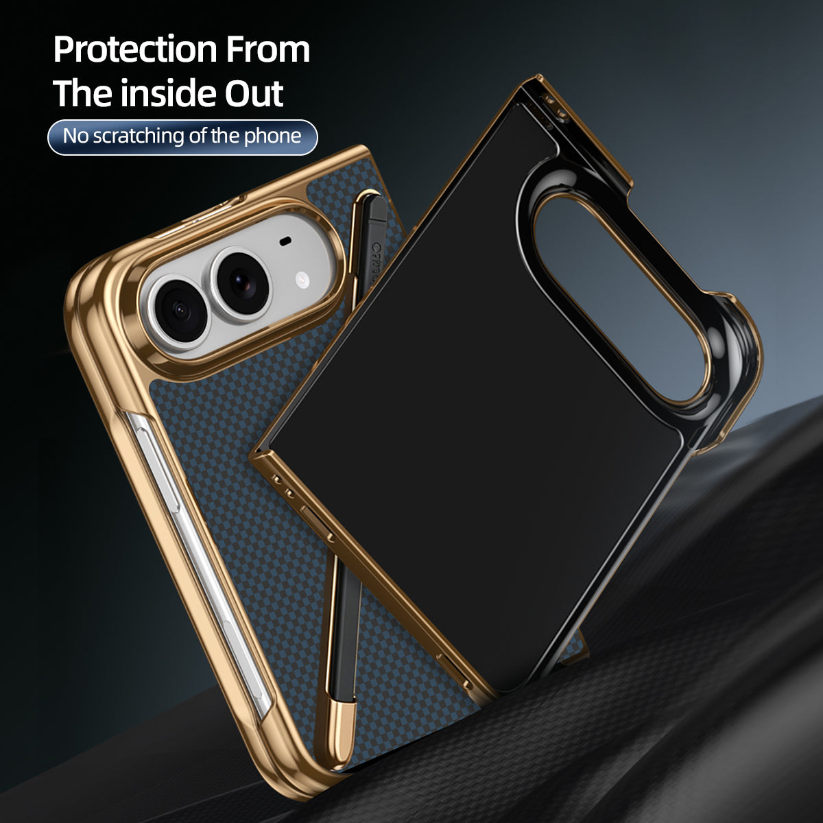 Front and back view of the dark blue Kevlar case for iPhone DUO highlighting inside-out protection with scratch-free interior lining.