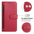 Front close-up of a crimson red leather zipper wallet case for Samsung Galaxy displaying the dual magnetic closure clasp design and exterior zipper pocket.