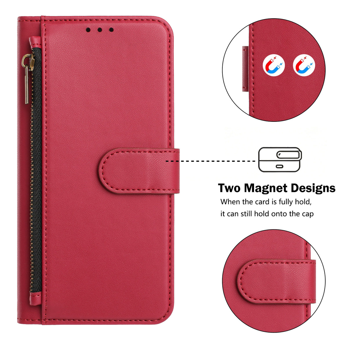 Front close-up of a crimson red leather zipper wallet case for Samsung Galaxy displaying the dual magnetic closure clasp design and exterior zipper pocket.