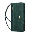 Front view of emerald green leather zipper wallet phone case with wristlet lanyard