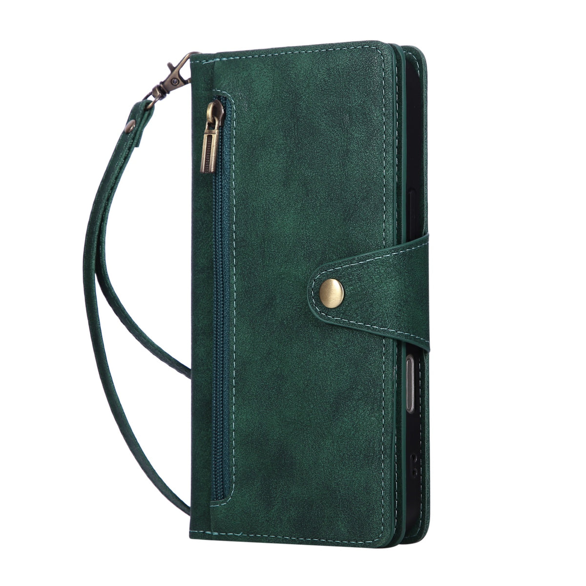 Front view of emerald green leather zipper wallet phone case with wristlet lanyard