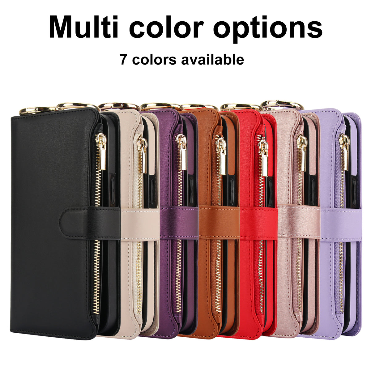 Front view showing 7 color options for Samsung Galaxy S26 Ultra RFID crossbody leather wallet case