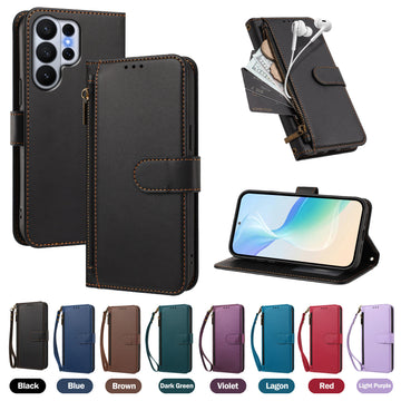 Full collection of Samsung Galaxy Ultra leather zipper wallet cases shown in Black, Navy Blue, Classic Brown, Dark Green, Violet Purple, Lagon Cyan, Crimson Red, and Light Purple with matching strap.