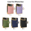 Full color collection of iPhone DUO luxury chevron quilted leather cases in Pink, Purple, Black, Green, and Blue displaying gold electroplated frames and finger ring holders.