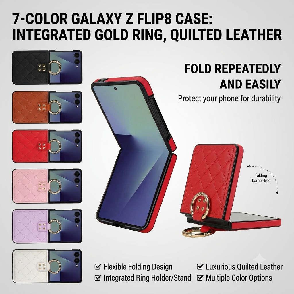 Samsung Galaxy Z Flip 8 quilted leather case collection in 7 colors showing smooth 180-degree folding feature and integrated gold ring stand.