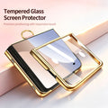Gold electroplated front cover frame with integrated clear tempered glass screen protector for iPhone DUO.