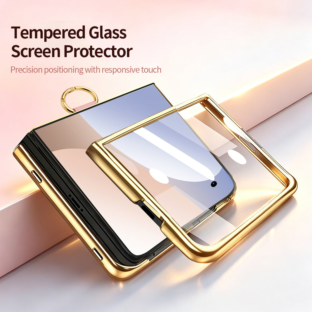 Gold electroplated front cover frame with integrated clear tempered glass screen protector for iPhone DUO.