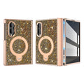 Gold luxury glitter case for Samsung Galaxy Z Fold 8 featuring a sparkling diamond back panel, electroplated gold frame, rotating ring stand, and magnetic hinge protection.