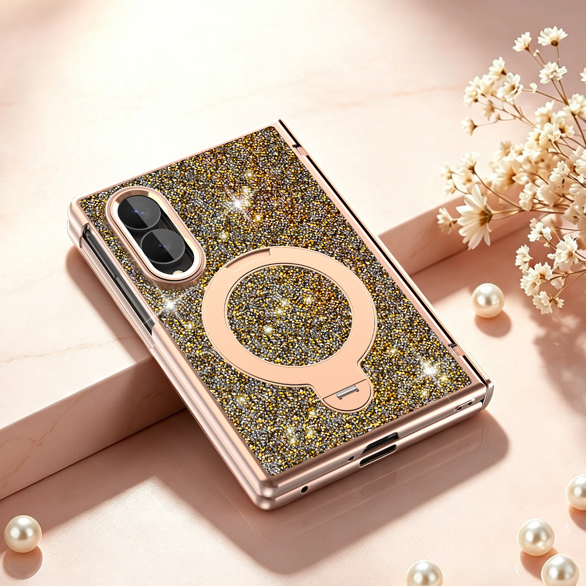 Gold sparkling diamond glitter case for Samsung Galaxy Z Fold 8 with built-in metal ring holder lying flat.
