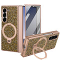 Gold sparkling glitter case for Samsung Galaxy Z Fold displaying the magnetic ring stand and full body coverage.