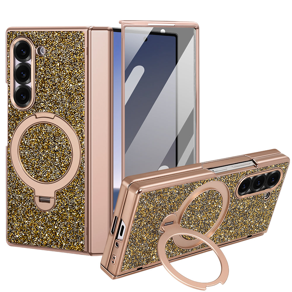 Gold sparkling glitter case for Samsung Galaxy Z Fold displaying the magnetic ring stand and full body coverage.