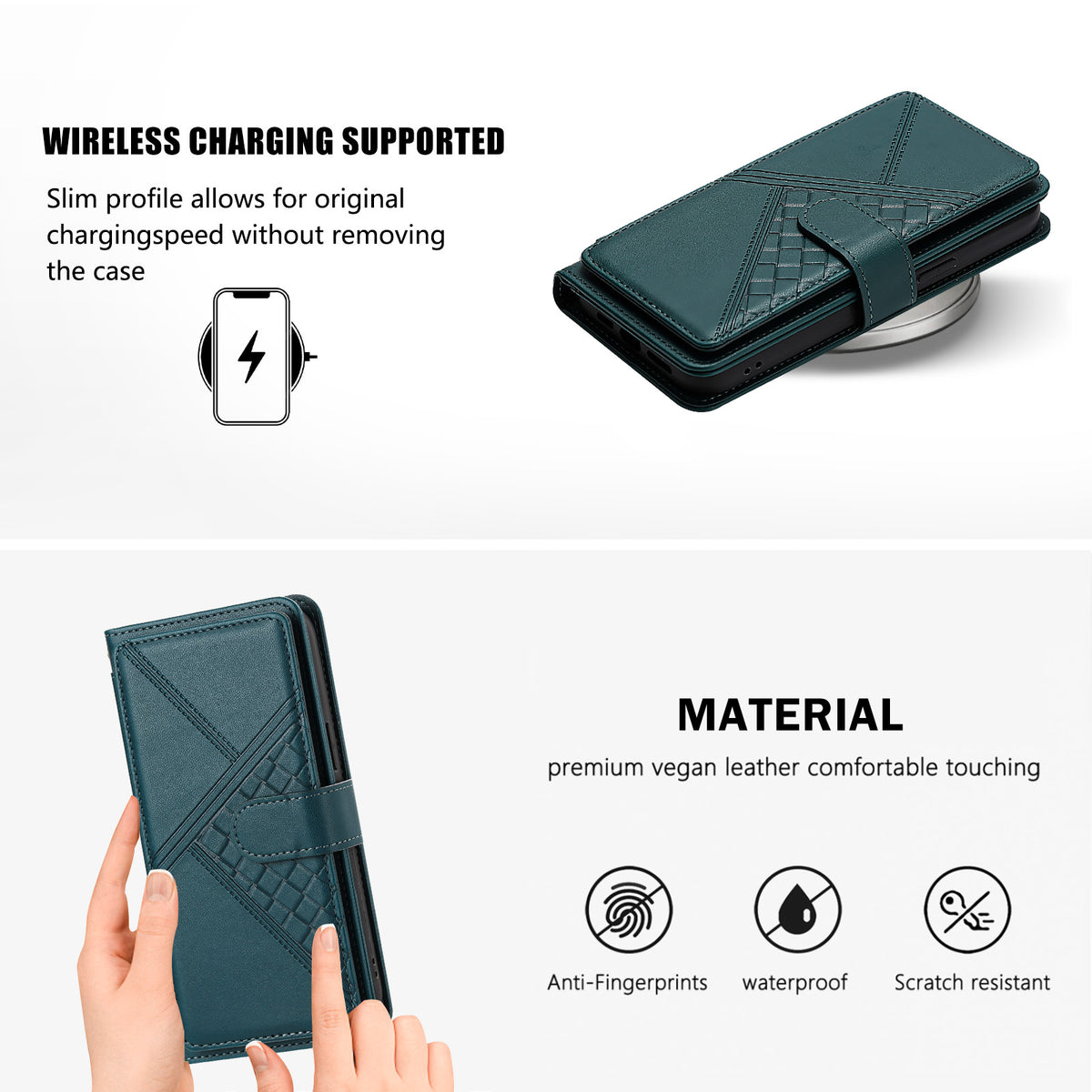 Green woven leather phone case resting on a wireless charging pad demonstrating wireless charge support and material features including waterproof, scratch-resistant, and anti-fingerprint surface.