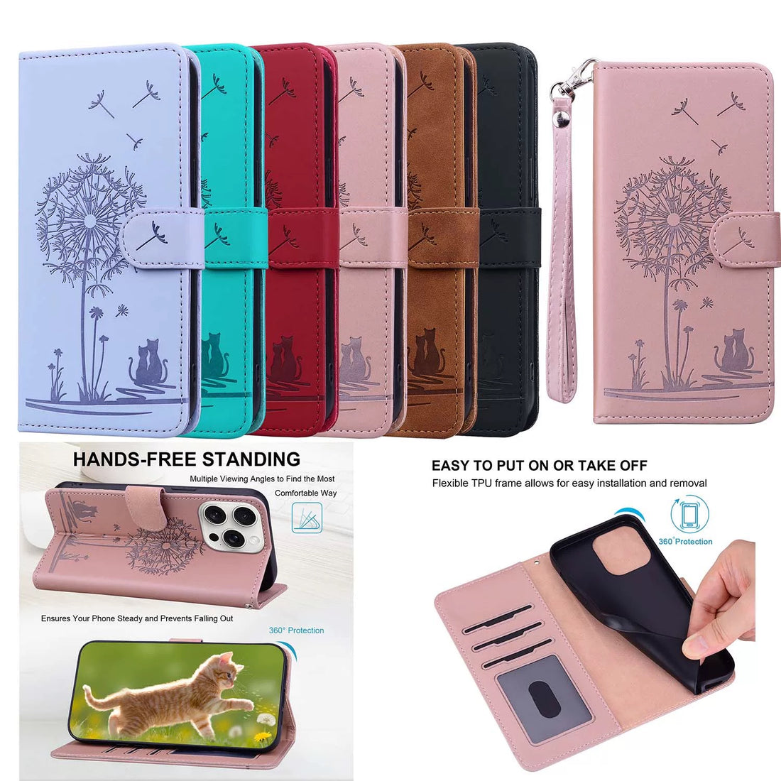 Group shot of embossed leather wallet phone cases in six colors featuring dandelion and cat designs.