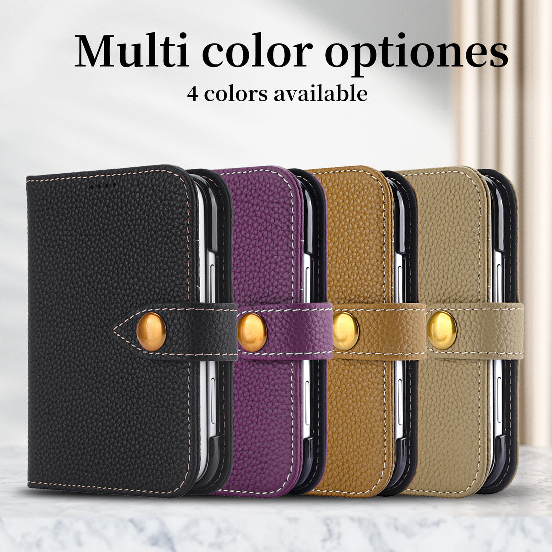 Group view of RFID leather wallet cases for iPhone Duo shown in Black, Dark Purple, Tan Brown, and Khaki Beige