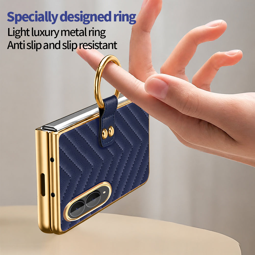 Samsung Galaxy Z Fold 8 luxury quilted leather cases in black and navy blue with gold electroplated trim and ring buckle