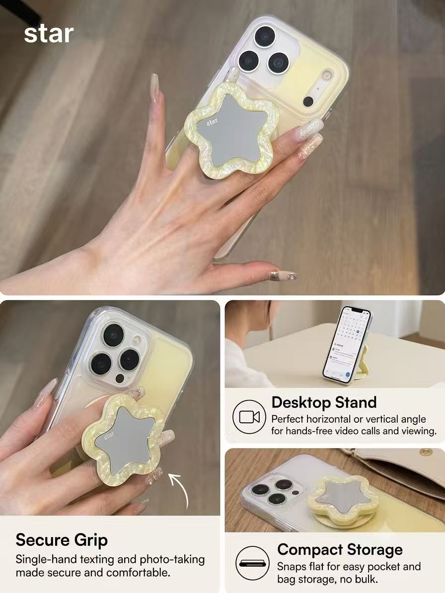 A collage showing a phone case with a star-shaped mirror grip. The top panel shows a hand holding the phone with the mirror grip extended.