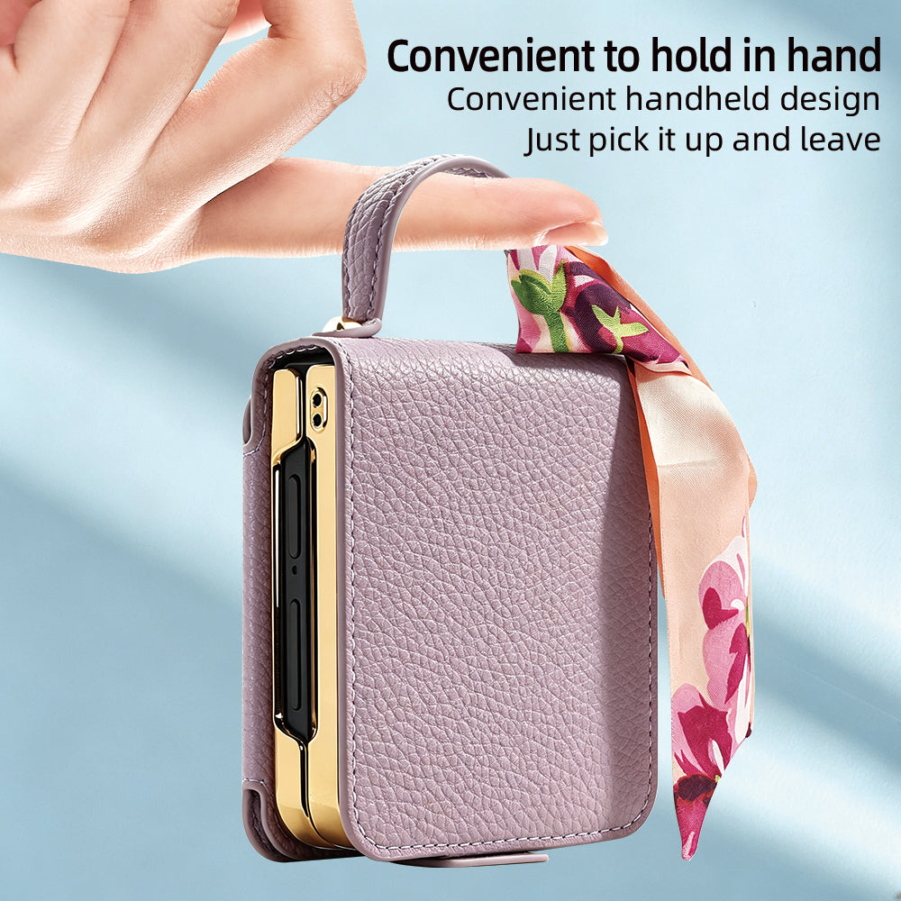 Handheld strap design on purple luxury leather handbag case for Samsung Galaxy Z Flip
