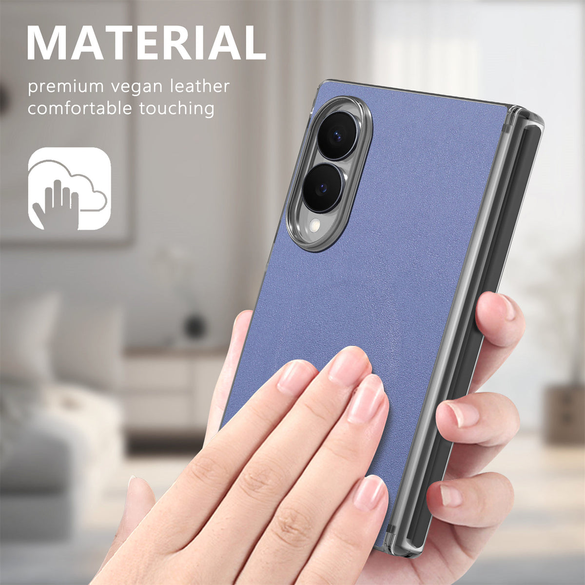 Hand holding a purple Samsung Galaxy Z Fold 8 case emphasizing comfortable soft-touch premium vegan leather material.
