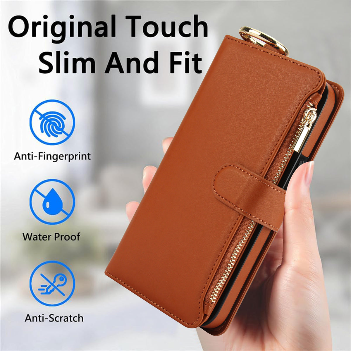 Hand holding light lavender purple leather wallet phone case for Samsung Galaxy A16 A15 A14 A13 highlighting anti-fingerprint, waterproof, and anti-scratch features.