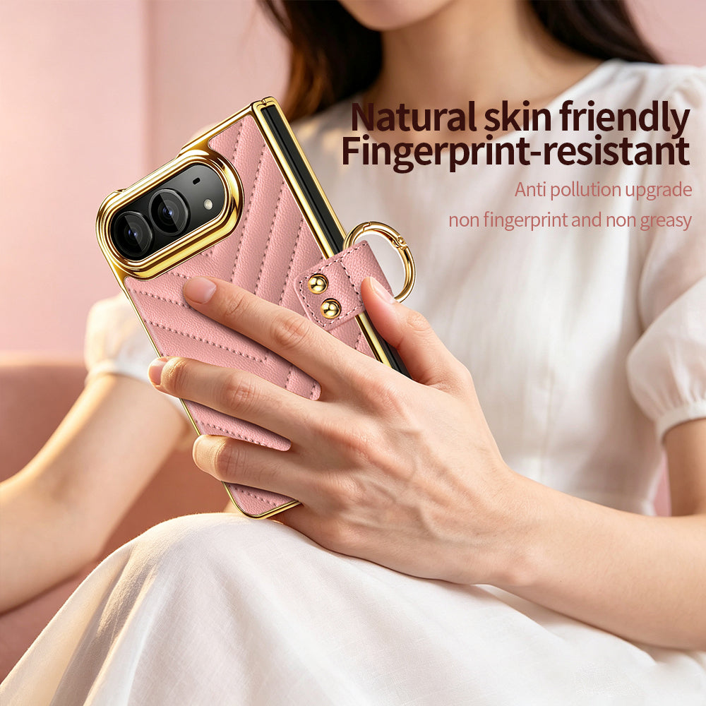 Hand holding pink quilted leather iPhone DUO case highlighting skin-friendly textured leather surface and fingerprint-resistant finish.