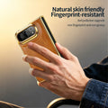 Hand holding skin-friendly fingerprint-resistant tan leather case for iPhone DUO