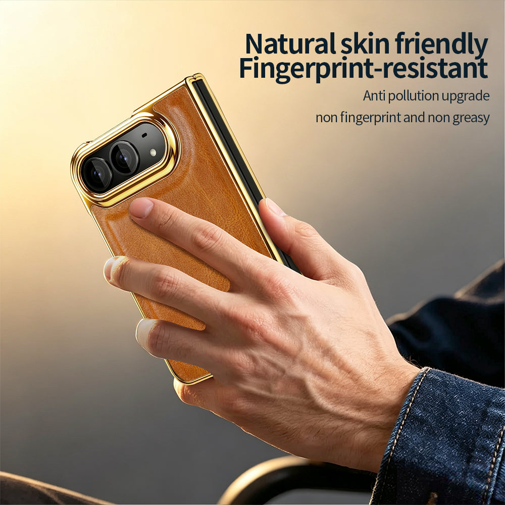 Hand holding skin-friendly fingerprint-resistant tan leather case for iPhone DUO