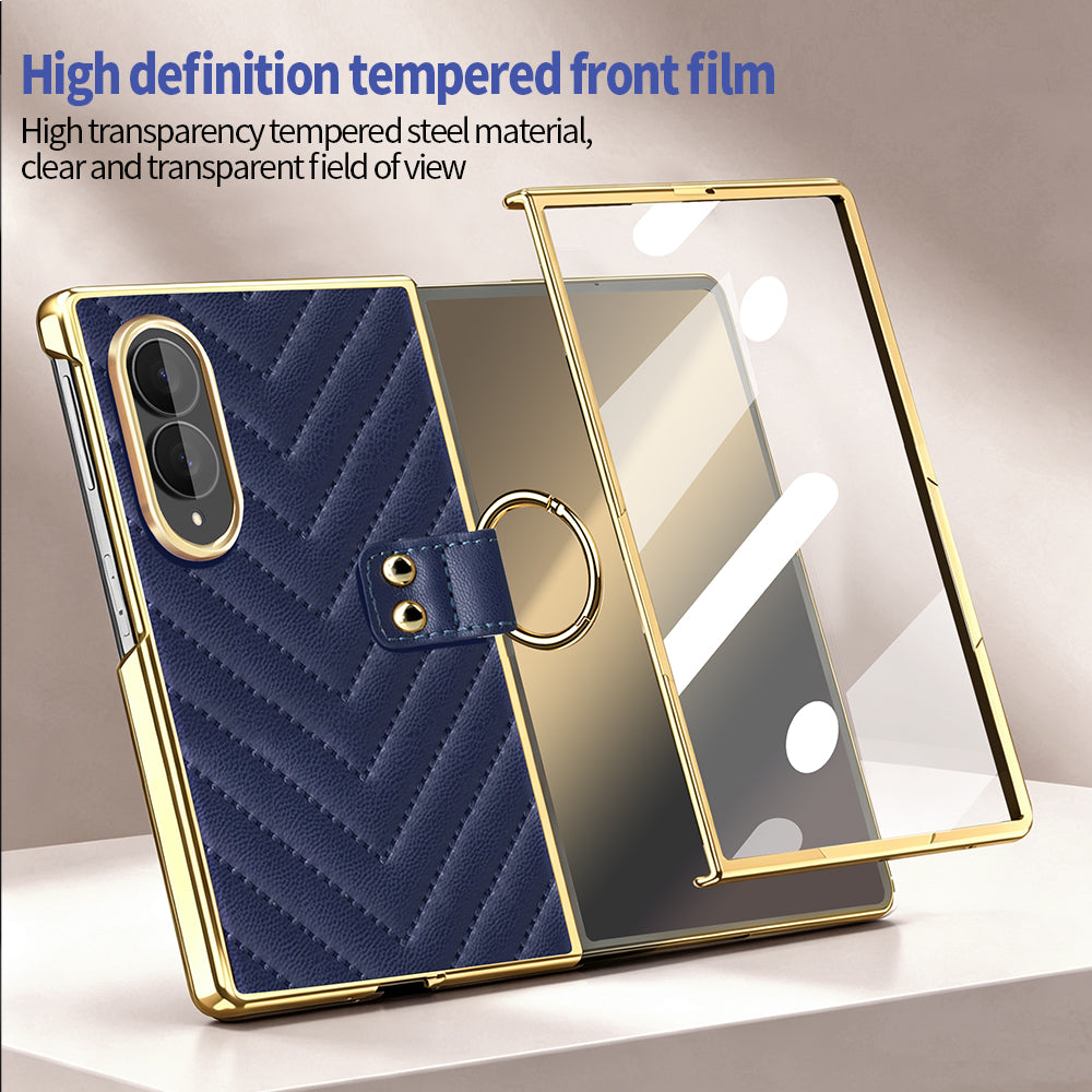 High definition built-in tempered glass front screen protector on gold frame Samsung Galaxy Z Fold 8 leather case