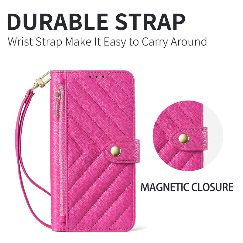 Hot pink V-quilted leather phone case detailing the durable detachable wrist strap and a close-up inset of the gold magnetic snap button closure.