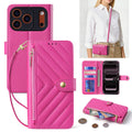 Hot pink chevron-quilted leather crossbody wallet case with open card holder slots, exterior zipper pouch, wristlet strap, and camera cutout for iPhone.