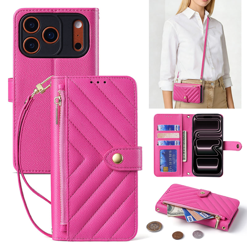 Hot pink chevron-quilted leather crossbody wallet case with open card holder slots, exterior zipper pouch, wristlet strap, and camera cutout for iPhone.