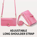 Hot pink glitter crossbody phone case displaying the detachable adjustable shoulder strap and wristlet lanyard option.