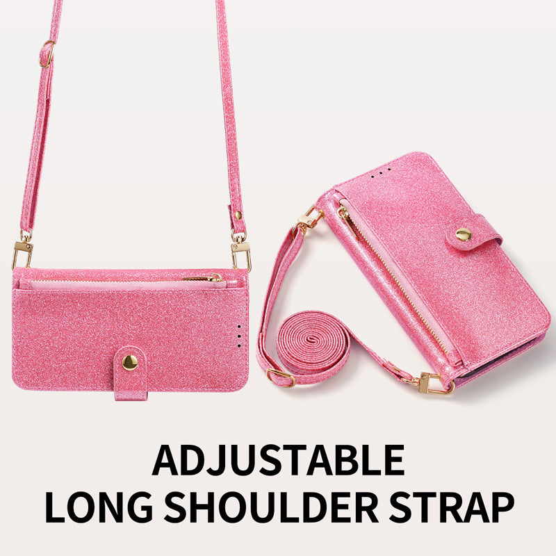 Hot pink glitter crossbody phone case displaying the detachable adjustable shoulder strap and wristlet lanyard option.