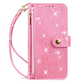 Hot pink glitter leather crossbody wallet phone case featuring a side zipper coin purse, magnetic closure tab, and attached wristlet strap.
