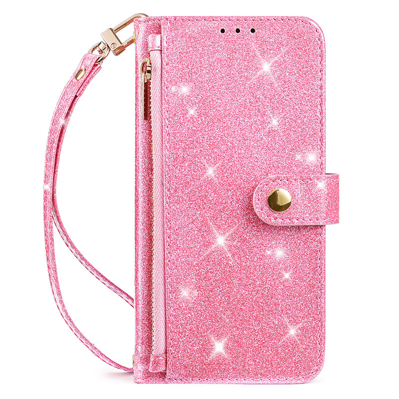 Hot pink glitter leather crossbody wallet phone case featuring a side zipper coin purse, magnetic closure tab, and attached wristlet strap.