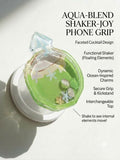 Infographic detailing tropical coconut shaker phone grip features including interchangeable top and floating charms