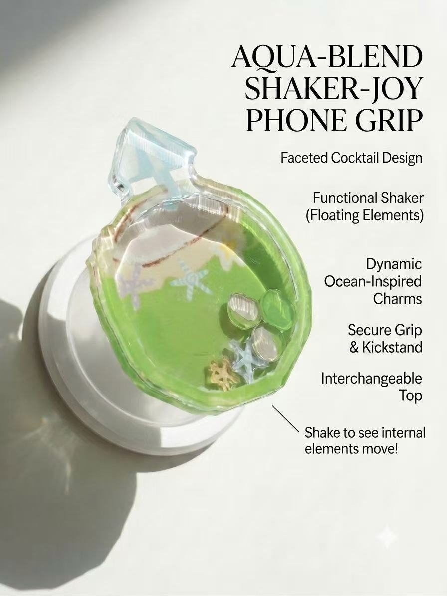 Infographic detailing tropical coconut shaker phone grip features including interchangeable top and floating charms