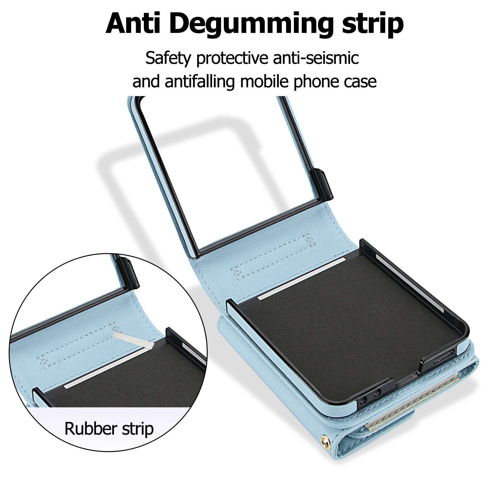 Inside view of light blue Samsung Z Flip leather case featuring interior anti-degumming rubber grip strips for secure fit.