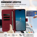 Inside view of red leather folio phone case with cash compartment, card slots, photo ID window, and point-of-sale payment