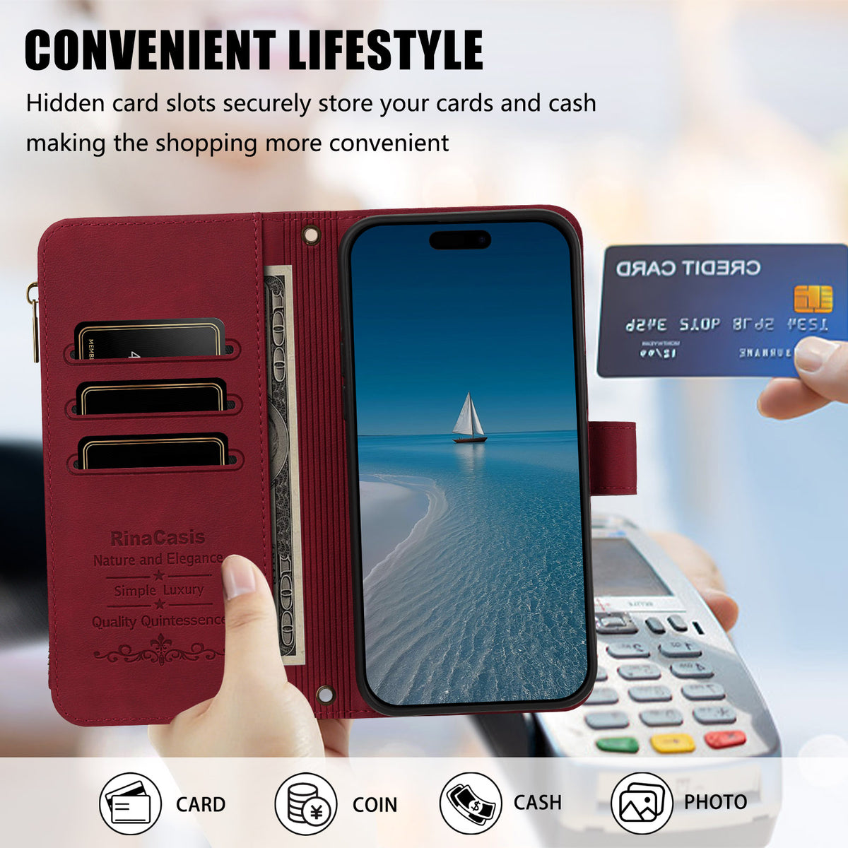 Inside view of red leather folio phone case with cash compartment, card slots, photo ID window, and point-of-sale payment