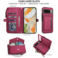 Inside view of wine red Google Pixel wallet phone case showing multi-card slots, zipper purse compartment, and cash pocket.