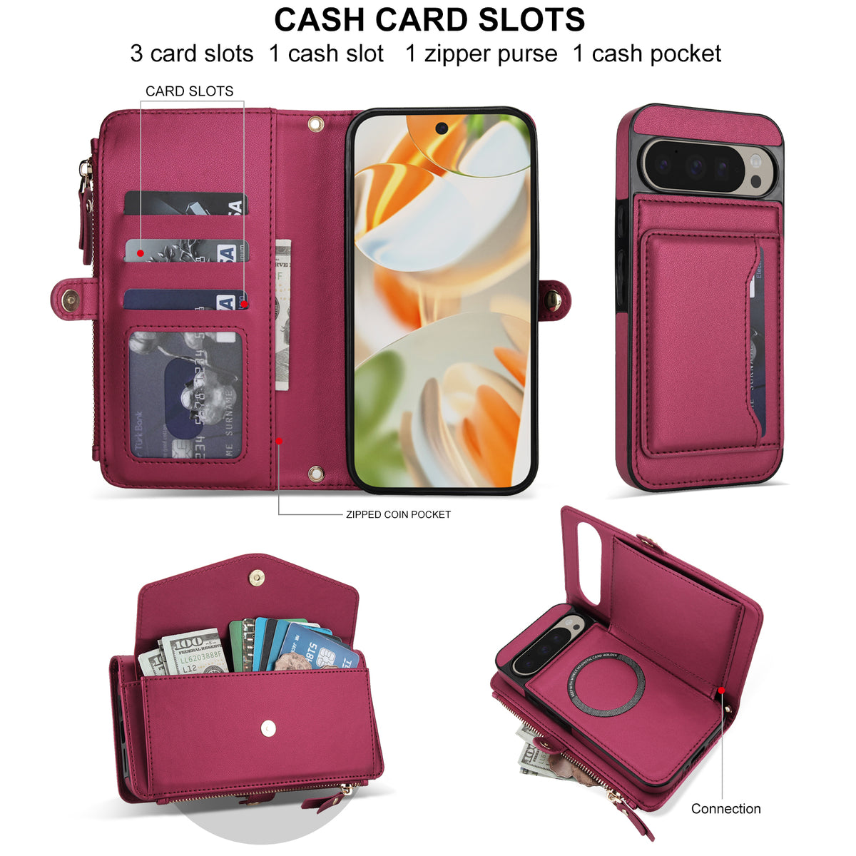 Inside view of wine red Google Pixel wallet phone case showing multi-card slots, zipper purse compartment, and cash pocket.