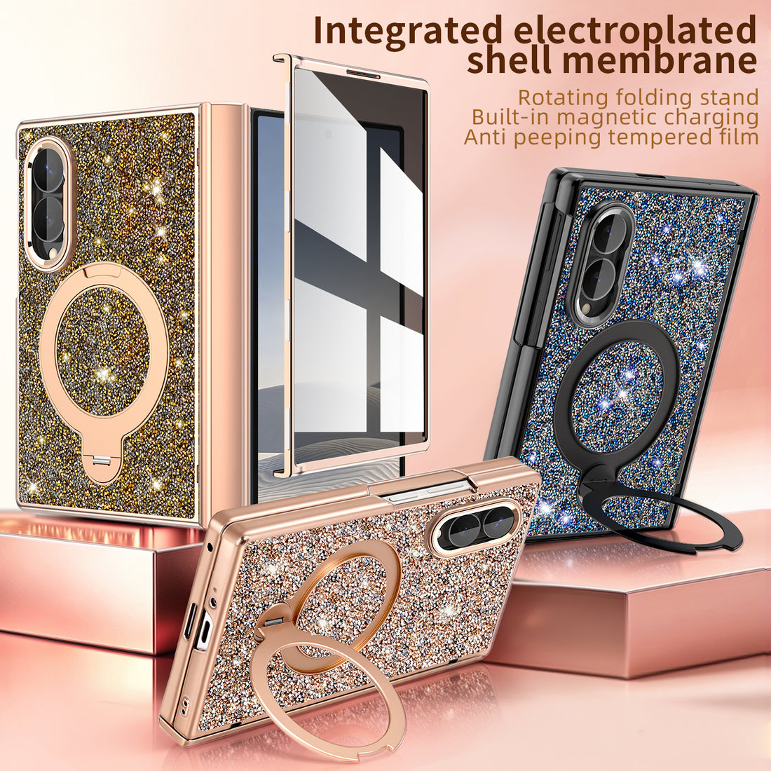 Integrated electroplated shell membrane phone case for Samsung Galaxy Z Fold 8 featuring rotating folding stand and anti-peeping tempered film.