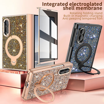 Integrated electroplated shell membrane phone case for Samsung Galaxy Z Fold 8 featuring rotating folding stand and anti-peeping tempered film.