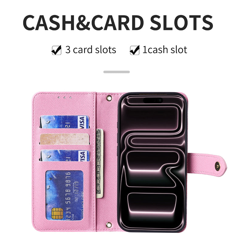 Interior layout diagram of soft pink leather phone case featuring 3 card slots and 1 cash compartment for everyday essential storage.