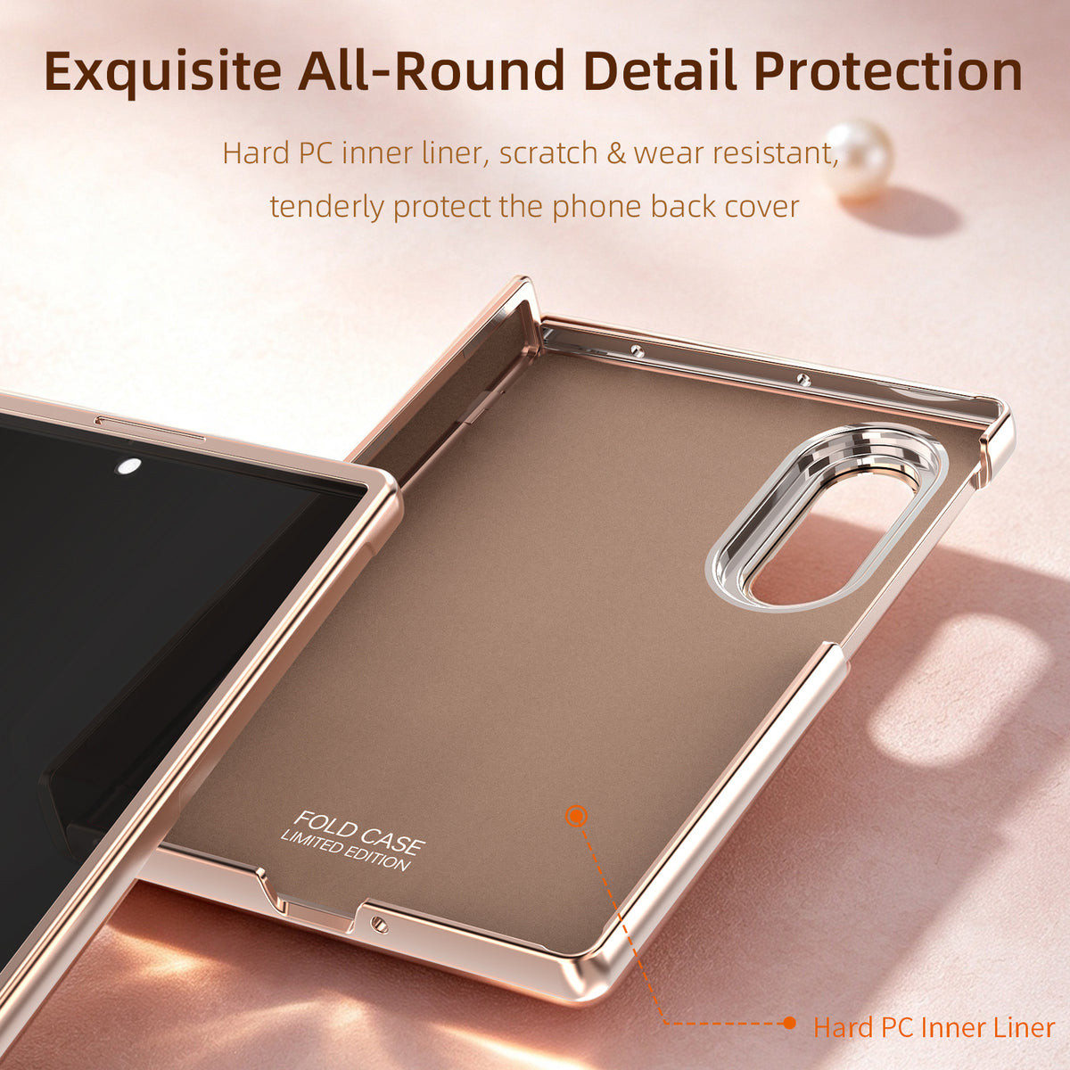 Interior of the Samsung Galaxy Z Fold 8 case showing the hard PC liner, camera cutout, and metallic frame.
