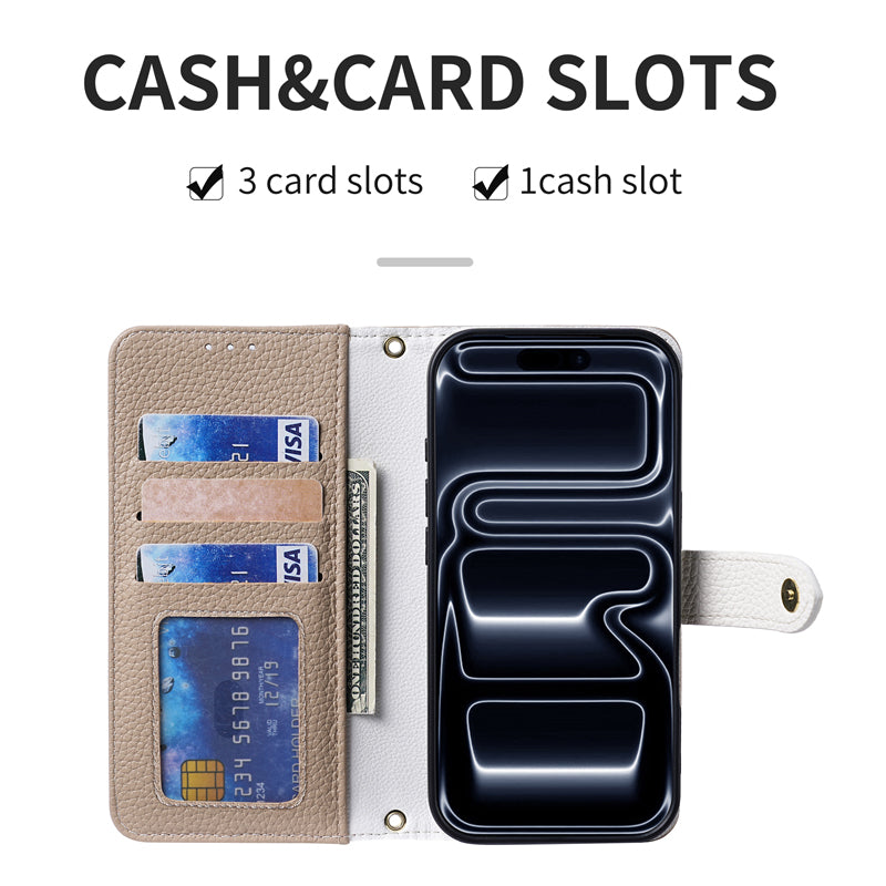 Interior view of the iPhone wallet case showing 3 card slots and 1 cash slot holding credit cards and bills.
