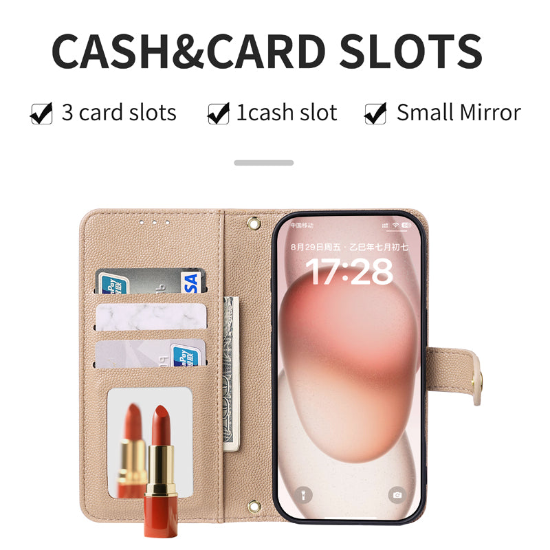 Interior layout diagram of beige leather phone case featuring 3 card slots, 1 cash pocket, and a small mirror.